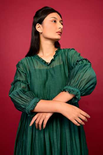 Buy_KKANYAAH_Green Silk, Cotton Applique, Embroidery, Ruffles V-neck Floral Midi Dress _Online_at_Aza_Fashions