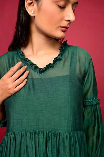 Shop_KKANYAAH_Green Silk, Cotton Applique, Embroidery, Ruffles V-neck Floral Midi Dress _Online_at_Aza_Fashions