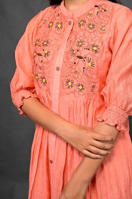 Shop KKANYAAH Peach Silk, Cotton Embroidery Bandeau Neck Floral Gathered Dress Online at Aza Fashions Shop_KKANYAAH_Peach Silk, Cotton Embroidery Bandeau Neck Floral Gathered Dress _Online_at_Aza_Fashions