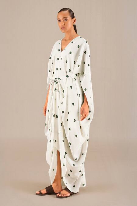 Ampm_Ivory Crepe V-neck Aysha Asymmetric Kaftan Dress_Online_at_Aza_Fashions