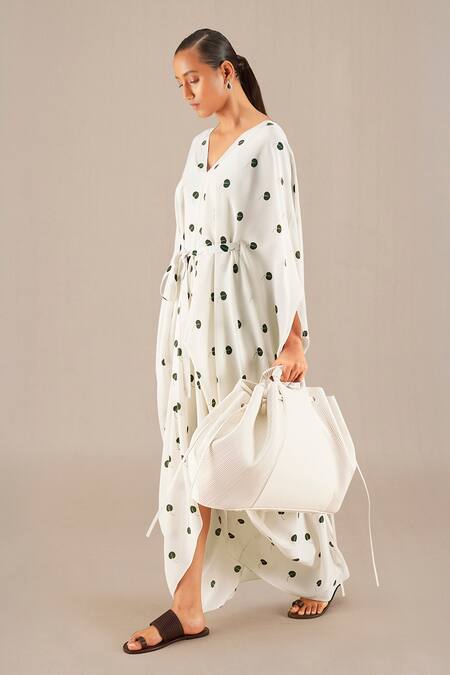 Buy_Ampm_Ivory Crepe V-neck Aysha Asymmetric Kaftan Dress_Online_at_Aza_Fashions