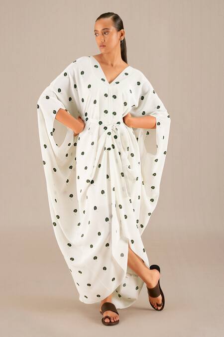 Ampm_Ivory Crepe V-neck Aysha Asymmetric Kaftan Dress_at_Aza_Fashions