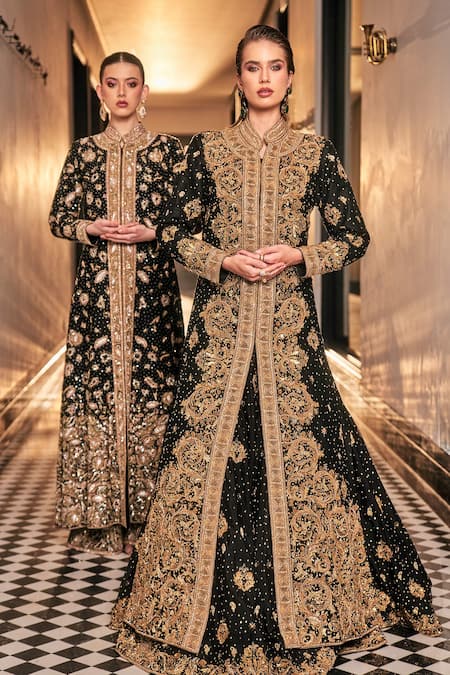 Buy_Amit GT_Black Tulle Cut Work, Mystique Mirage Zardozi Embroidered Jacket And Lehenga Set _Online_at_Aza_Fashions