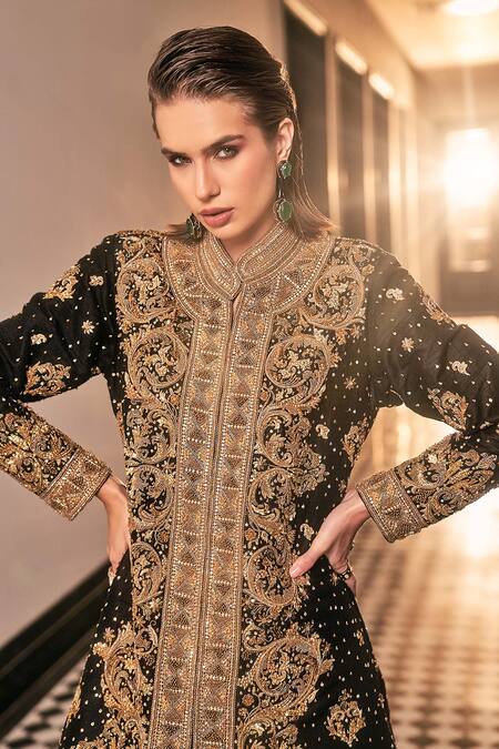 Shop_Amit GT_Black Tulle Cut Work, Mystique Mirage Zardozi Embroidered Jacket And Lehenga Set _Online_at_Aza_Fashions