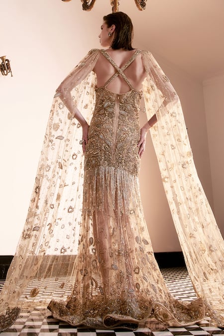 Amit GT Aurelian Sands Serenity Embroidered Gown Set With Cape 