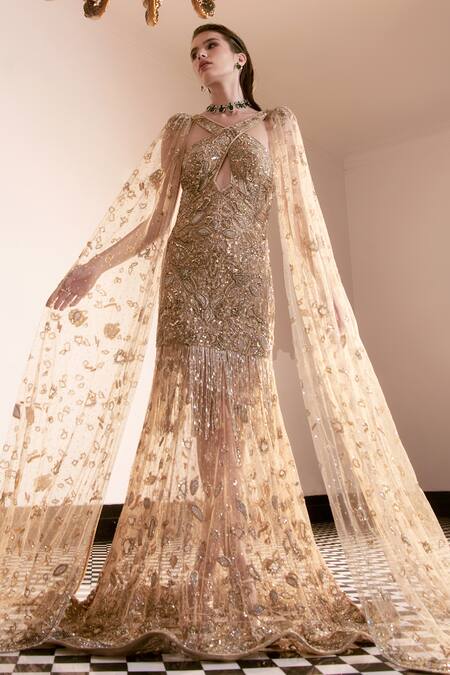 Buy_Amit GT_Gold Tulle Embroidery Aurelian Sands Serenity Gown Set With Cape  _Online_at_Aza_Fashions