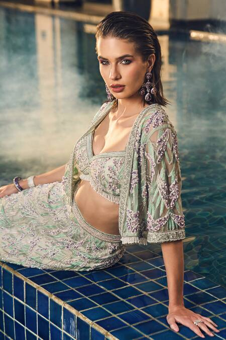 Buy_Amit GT_Green Tulle Beads, Tassels Sweetheart Neck, Medina Embroidered Jacket Skirt Set _Online_at_Aza_Fashions