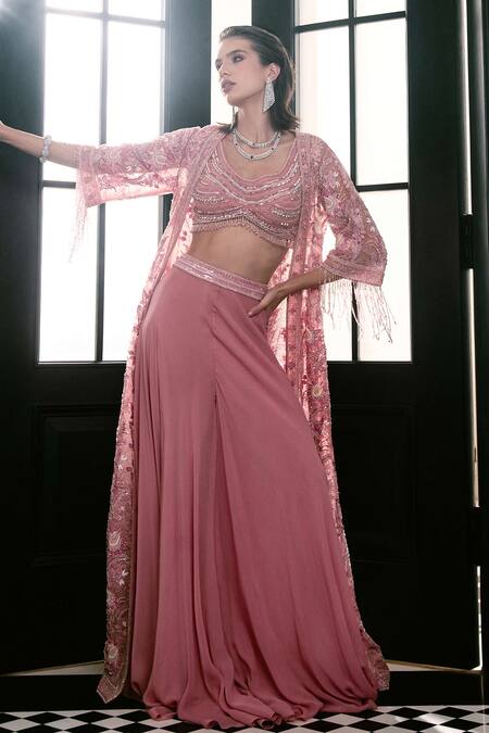 Amit GT Pink Tulle Beads, Sequins, Embroidery Asymmetric Floral Cape Skirt Set at Aza Fashions Amit GT_Pink Tulle Beads, Sequins, Embroidery Asymmetric Floral Cape Skirt Set _at_Aza_Fashions