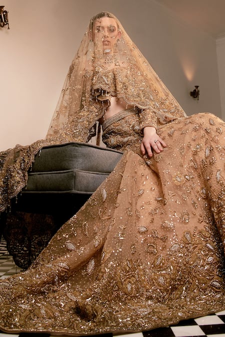Shop Amit GT Gold Tulle Crystals, Beads, Opulence Floral Embroidered Bridal Lehenga Set Online at Aza Fashions Shop_Amit GT_Gold Tulle Crystals, Beads, Opulence Floral Embroidered Bridal Lehenga Set _Online_at_Aza_Fashions
