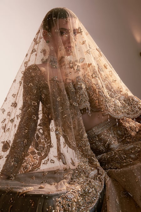 Amit GT Gold Tulle Crystals, Beads, Opulence Floral Embroidered Bridal Lehenga Set at Aza Fashions Amit GT_Gold Tulle Crystals, Beads, Opulence Floral Embroidered Bridal Lehenga Set _at_Aza_Fashions
