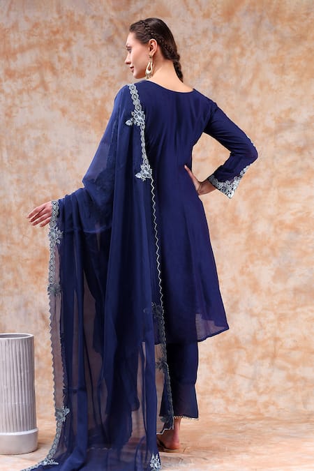 Shop Kefi Collections Blue Chanderi, Organza Embroidery V-neck Aditi Sleeve Anarkali Set at Aza Fashions Shop_Kefi Collections_Blue Chanderi, Organza Embroidery V-neck Aditi Sleeve Anarkali Set_at_Aza_Fashions