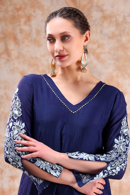 Kefi Collections Blue Chanderi, Organza Embroidery V-neck Aditi Sleeve Anarkali Set Online at Aza Fashions Kefi Collections_Blue Chanderi, Organza Embroidery V-neck Aditi Sleeve Anarkali Set_Online_at_Aza_Fashions