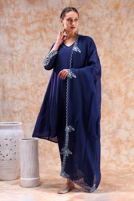 Buy Kefi Collections Blue Chanderi, Organza Embroidery V-neck Aditi Sleeve Anarkali Set Online at Aza Fashions Buy_Kefi Collections_Blue Chanderi, Organza Embroidery V-neck Aditi Sleeve Anarkali Set_Online_at_Aza_Fashions