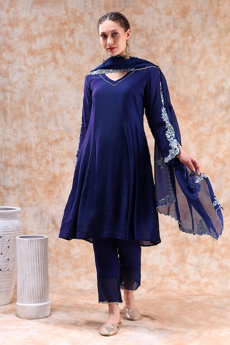 Kefi Collections Blue Chanderi, Organza Embroidery V-neck Aditi Sleeve Anarkali Set at Aza Fashions Kefi Collections_Blue Chanderi, Organza Embroidery V-neck Aditi Sleeve Anarkali Set_at_Aza_Fashions