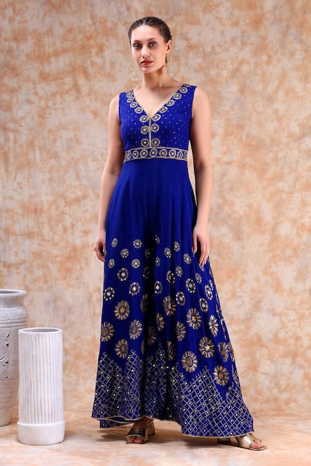 Kefi Collections_Blue Rayon Sequins, Zari V-neck Anu Embroidered Jumpsuit_Online_at_Aza_Fashions
