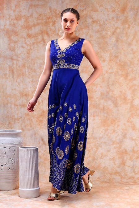 Buy_Kefi Collections_Blue Rayon Sequins, Zari V-neck Anu Embroidered Jumpsuit_Online_at_Aza_Fashions
