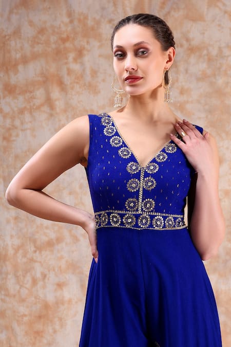 Shop_Kefi Collections_Blue Rayon Sequins, Zari V-neck Anu Embroidered Jumpsuit_Online_at_Aza_Fashions