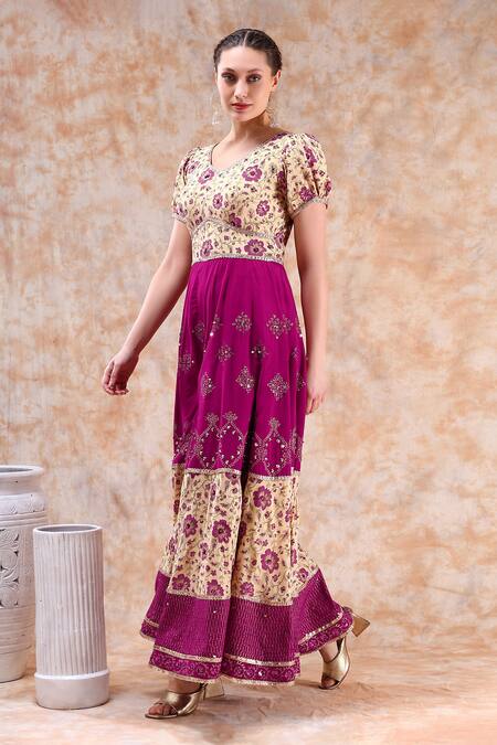 Kefi Collections_Beige Rayon Embroidery, Sequins V-neck Apoorva Floral Print Jumpsuit_Online_at_Aza_Fashions