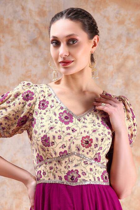 Buy_Kefi Collections_Beige Rayon Embroidery, Sequins V-neck Apoorva Floral Print Jumpsuit_Online_at_Aza_Fashions