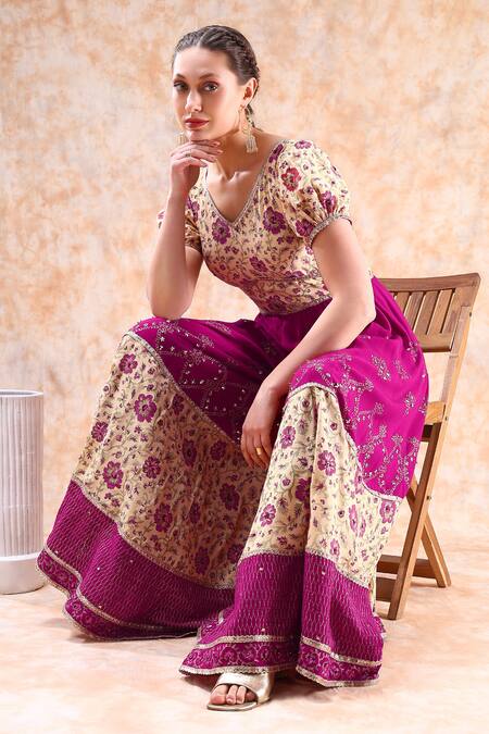 Shop_Kefi Collections_Beige Rayon Embroidery, Sequins V-neck Apoorva Floral Print Jumpsuit_Online_at_Aza_Fashions