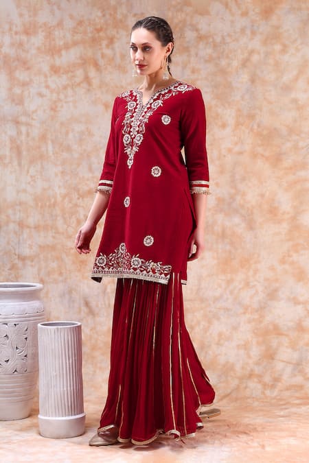 Kefi Collections_Maroon Chanderi, Georgette Embroidery, Gota Patti Avani Kurta Sharara Set_Online_at_Aza_Fashions