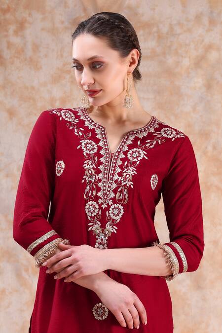 Buy_Kefi Collections_Maroon Chanderi, Georgette Embroidery, Gota Patti Avani Kurta Sharara Set_Online_at_Aza_Fashions