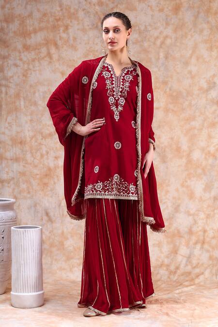 Shop_Kefi Collections_Maroon Chanderi, Georgette Embroidery, Gota Patti Avani Kurta Sharara Set_Online_at_Aza_Fashions