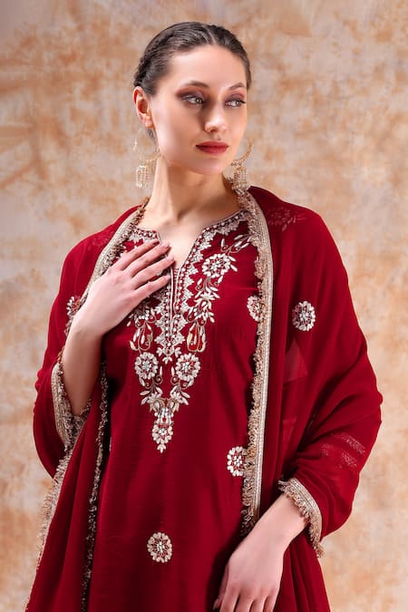 Kefi Collections_Maroon Chanderi, Georgette Embroidery, Gota Patti Avani Kurta Sharara Set_at_Aza_Fashions
