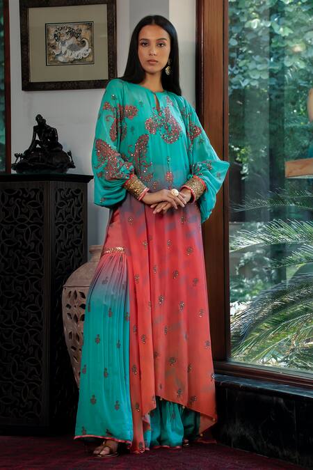 Shashank Arya_Blue Chiffon, Crepe, Silk, Cotton Embroidery, Ombre Jamewar Paisley Kurta Set_Online_at_Aza_Fashions