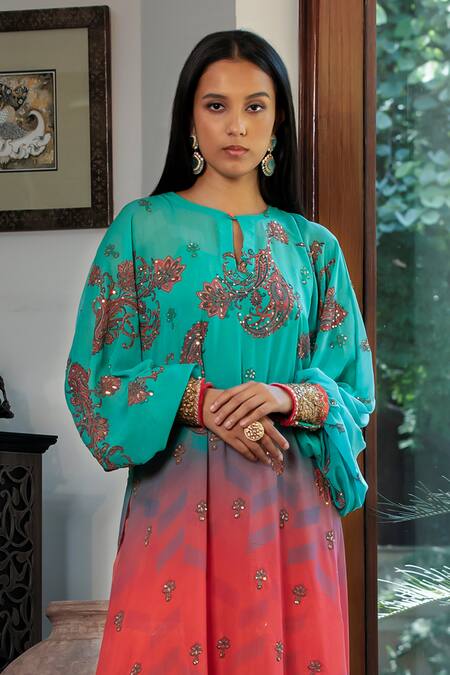 Buy_Shashank Arya_Blue Chiffon, Crepe, Silk, Cotton Embroidery, Ombre Jamewar Paisley Kurta Set_Online_at_Aza_Fashions
