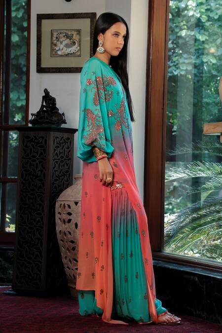 Shashank Arya_Blue Chiffon, Crepe, Silk, Cotton Embroidery, Ombre Jamewar Paisley Kurta Set_at_Aza_Fashions