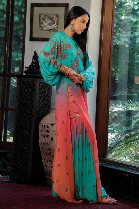 Buy_Shashank Arya_Blue Chiffon, Crepe, Silk, Cotton Embroidery, Ombre Jamewar Paisley Kurta Set