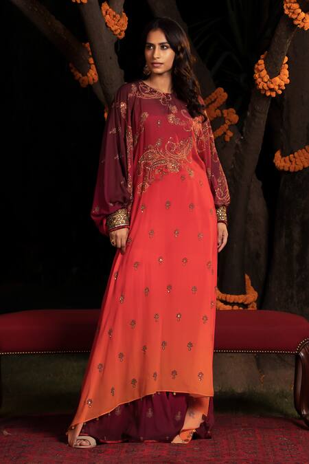 Shashank Arya_Orange Chiffon, Crepe, Flannel Jamewar Paisley Print Ombre Kurta With Gharara_Online_at_Aza_Fashions