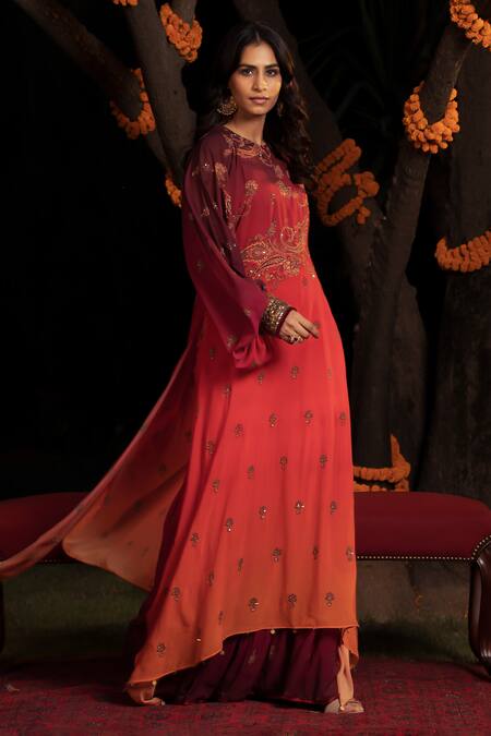 Buy_Shashank Arya_Orange Chiffon, Crepe, Flannel Jamewar Paisley Print Ombre Kurta With Gharara_Online_at_Aza_Fashions