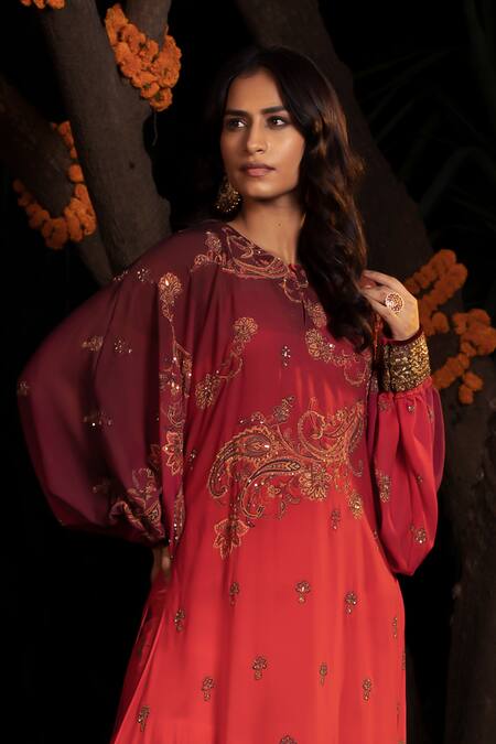 Shop_Shashank Arya_Orange Chiffon, Crepe, Flannel Jamewar Paisley Print Ombre Kurta With Gharara_Online_at_Aza_Fashions