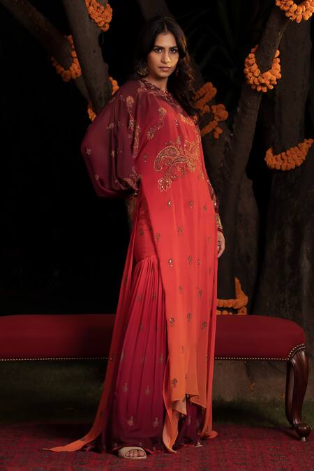 Shashank Arya_Orange Chiffon, Crepe, Flannel Jamewar Paisley Print Ombre Kurta With Gharara_at_Aza_Fashions