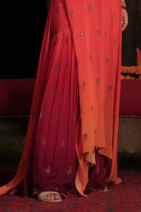 Buy_Shashank Arya_Orange Chiffon, Crepe, Flannel Jamewar Paisley Print Ombre Kurta With Gharara