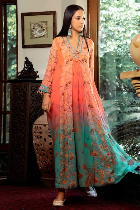 Shashank Arya_Blue Chiffon, Cotton Sequins, Embroidery Jamewar Floral Print Ombre Kalidar_Online_at_Aza_Fashions