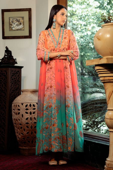 Buy_Shashank Arya_Blue Chiffon, Cotton Sequins, Embroidery Jamewar Floral Print Ombre Kalidar_Online_at_Aza_Fashions