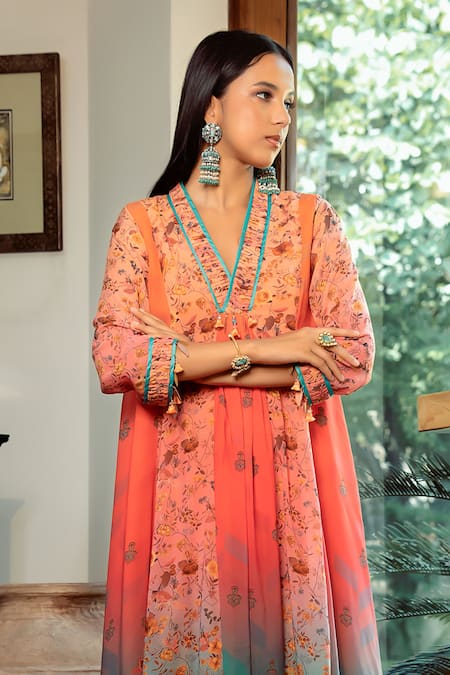 Shop_Shashank Arya_Blue Chiffon, Cotton Sequins, Embroidery Jamewar Floral Print Ombre Kalidar_Online_at_Aza_Fashions