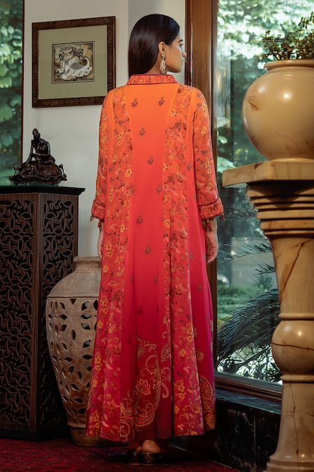 Shop Shashank Arya Orange Chiffon, Cotton Sequins, Embroidery Floral Jamewar Print Ombre Kalidar at Aza Fashions Shop_Shashank Arya_Orange Chiffon, Cotton Sequins, Embroidery Floral Jamewar Print Ombre Kalidar_at_Aza_Fashions