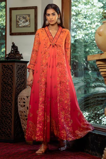 Shashank Arya Orange Chiffon, Cotton Sequins, Embroidery Floral Jamewar Print Ombre Kalidar Online at Aza Fashions Shashank Arya_Orange Chiffon, Cotton Sequins, Embroidery Floral Jamewar Print Ombre Kalidar_Online_at_Aza_Fashions