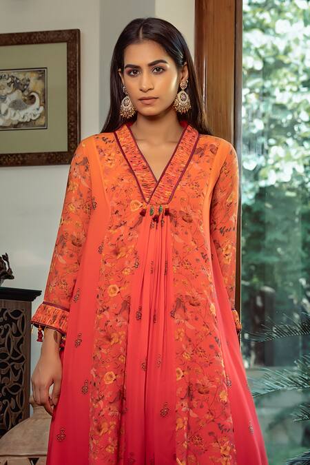 Buy Shashank Arya Orange Chiffon, Cotton Sequins, Embroidery Floral Jamewar Print Ombre Kalidar Online at Aza Fashions Buy_Shashank Arya_Orange Chiffon, Cotton Sequins, Embroidery Floral Jamewar Print Ombre Kalidar_Online_at_Aza_Fashions