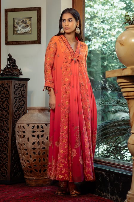 Shop Shashank Arya Orange Chiffon, Cotton Sequins, Embroidery Floral Jamewar Print Ombre Kalidar Online at Aza Fashions Shop_Shashank Arya_Orange Chiffon, Cotton Sequins, Embroidery Floral Jamewar Print Ombre Kalidar_Online_at_Aza_Fashions