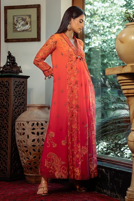 Shashank Arya Orange Chiffon, Cotton Sequins, Embroidery Floral Jamewar Print Ombre Kalidar at Aza Fashions Shashank Arya_Orange Chiffon, Cotton Sequins, Embroidery Floral Jamewar Print Ombre Kalidar_at_Aza_Fashions
