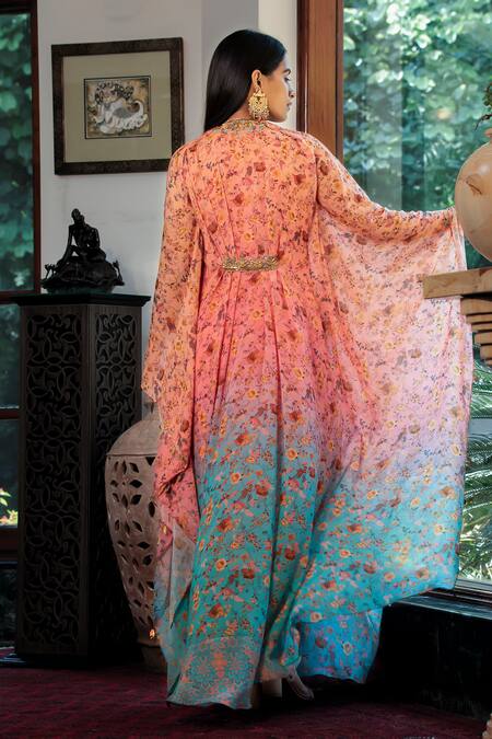 Shop Shashank Arya Blue Crepe, Chiffon Beads, Sequins V-neck Ombre Floral Vine Print Kaftan at Aza Fashions Shop_Shashank Arya_Blue Crepe, Chiffon Beads, Sequins V-neck Ombre Floral Vine Print Kaftan_at_Aza_Fashions