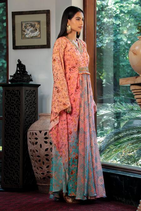 Shashank Arya Blue Crepe, Chiffon Beads, Sequins V-neck Ombre Floral Vine Print Kaftan Online at Aza Fashions Shashank Arya_Blue Crepe, Chiffon Beads, Sequins V-neck Ombre Floral Vine Print Kaftan_Online_at_Aza_Fashions