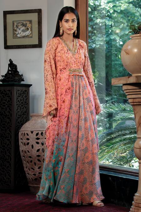 Buy Shashank Arya Blue Crepe, Chiffon Beads, Sequins V-neck Ombre Floral Vine Print Kaftan Online at Aza Fashions Buy_Shashank Arya_Blue Crepe, Chiffon Beads, Sequins V-neck Ombre Floral Vine Print Kaftan_Online_at_Aza_Fashions
