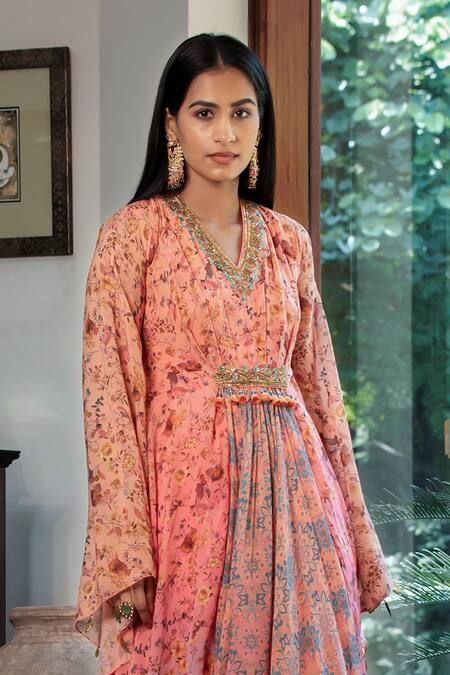 Shop Shashank Arya Blue Crepe, Chiffon Beads, Sequins V-neck Ombre Floral Vine Print Kaftan Online at Aza Fashions Shop_Shashank Arya_Blue Crepe, Chiffon Beads, Sequins V-neck Ombre Floral Vine Print Kaftan_Online_at_Aza_Fashions