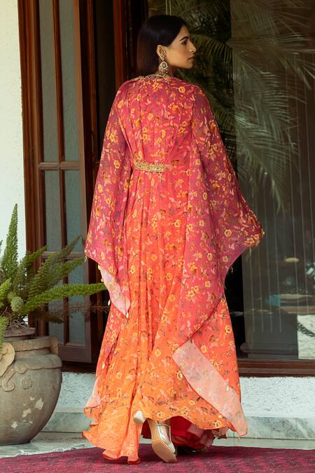 Shop_Shashank Arya_Orange Crepe, Chiffon Sequins, Beads V-neck Floral Vine Print Ombre Kaftan_at_Aza_Fashions